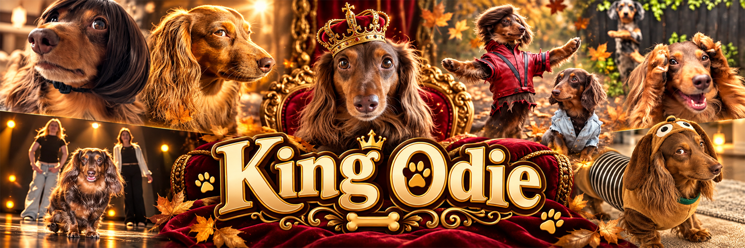 Royal collage of King Odie, a long-haired dachshund, crowned on a velvet throne among autumn leaves